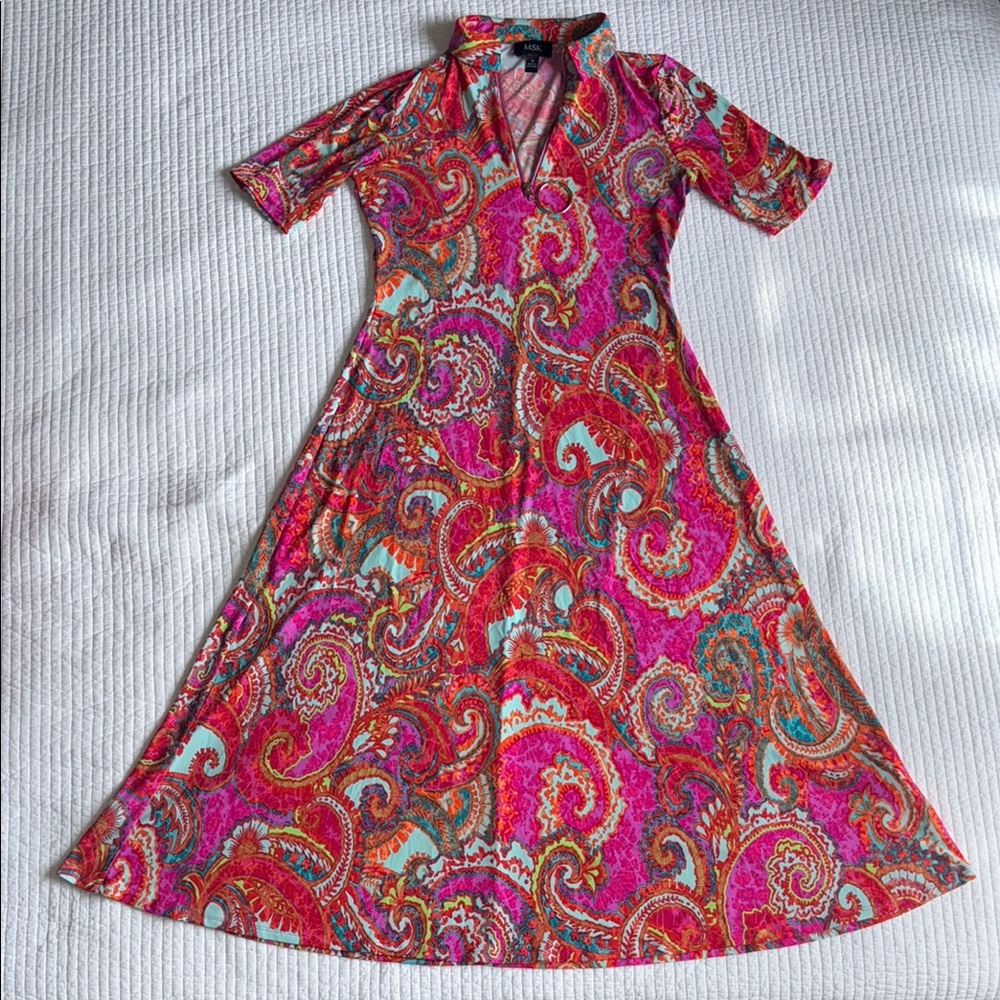 MSK women’s short sleeve paisley print flare Maxi Dress Sz small